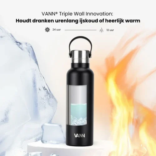vann-isolatie-waterfles-zwart-ijswarm VANN Drinkfles 600ml Essential Bottle